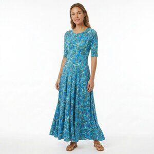 Peruvian Connection Maldives Maxi Dress Pool Blue Floral Pima Cotton EUC Size S
